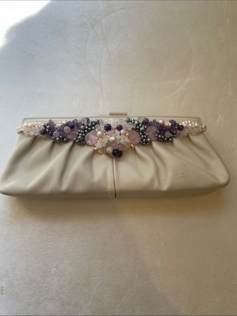 Anthropology style Embellished Cream Clutch with Purple and Pearl Accents